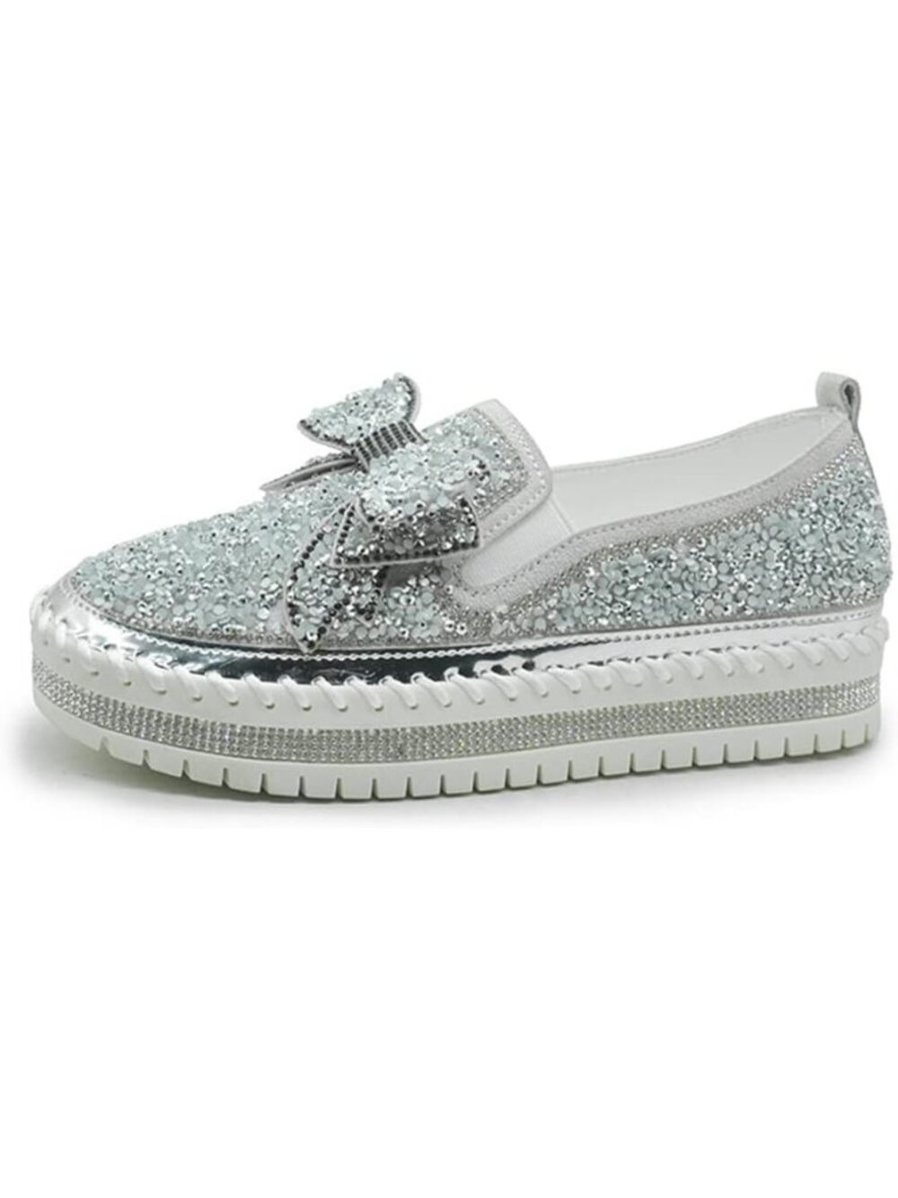 Women's Silver Rhinestones Glitter Fashion Bowknot Casual Walking Flat Sneakers